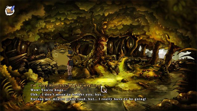 Użyj na ropusze klikającej żaby, a ta obudzi się - Cztery portale - zaklęcia skałoszept i zielorost | Solucja - The Night of the Rabbit - poradnik do gry