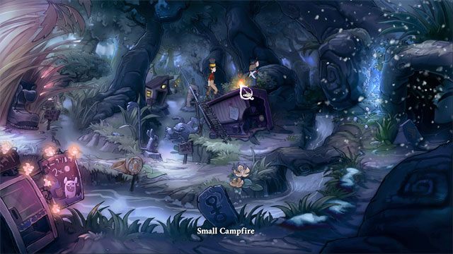 Użyj tu ekscytującej księgi by zmienić dzień w noc - Cztery portale - zaklęcia skałoszept i zielorost | Solucja - The Night of the Rabbit - poradnik do gry