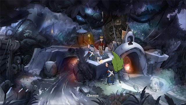 Użyj gorącej kawy dającej odwrotny efekt na kanonierze - Cztery portale - zaklęcia skałoszept i zielorost | Solucja - The Night of the Rabbit - poradnik do gry