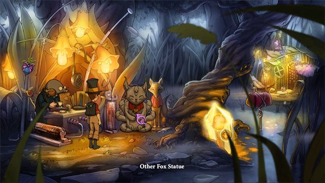 Użyj czaru skałoszept na innym posągu lisa - Cztery portale - zaklęcia lisi spryt i iskra nadziei | Solucja - The Night of the Rabbit - poradnik do gry