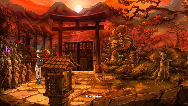 Skieruj się w lewo i użyj czaru skałoszept na posągu lisa w górnym rzędzie, drugim od lewej - Cztery portale - zaklęcia lisi spryt i iskra nadziei | Solucja - The Night of the Rabbit - poradnik do gry