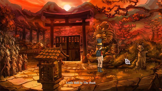 Użyj magicznej monety z otworem a dostrzeżesz złoty dzwonek Kitsune leżący obok dużego drewnianego posągu - Cztery portale - zaklęcia lisi spryt i iskra nadziei | Solucja - The Night of the Rabbit - poradnik do gry