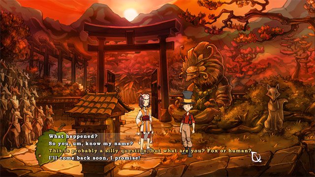 Będziesz tam świadkiem rozmowy po której Jerzyk wróci do lokacji przed bramą - Cztery portale - zaklęcia lisi spryt i iskra nadziei | Solucja - The Night of the Rabbit - poradnik do gry