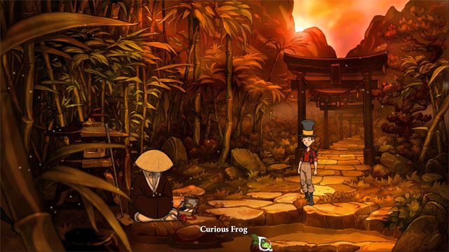 Tutaj użyj klikającej żaby na żabim stawie, a wyskoczy z niego ciekawska żaba - Cztery portale - zaklęcia lisi spryt i iskra nadziei | Solucja - The Night of the Rabbit - poradnik do gry