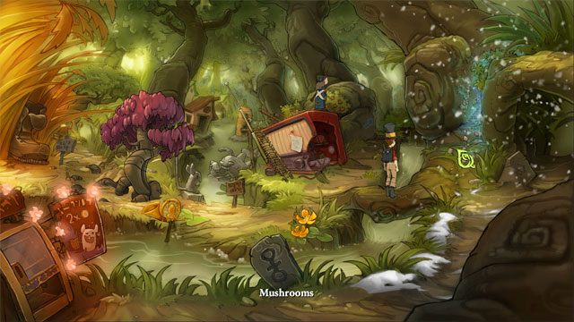 Skieruj się w lewo by wrócić do lasu do stacji radiowej - Cztery portale - zaklęcia lisi spryt i iskra nadziei | Solucja - The Night of the Rabbit - poradnik do gry