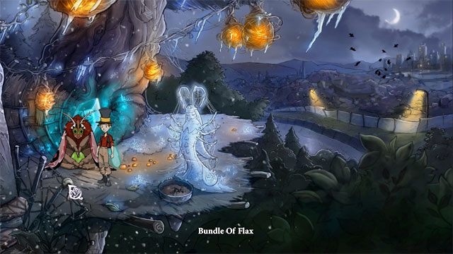 Po wejściu do świątyni ciem weź leżący niedaleko wejścia kłębek lnu - Cztery portale - zaklęcia lisi spryt i iskra nadziei | Solucja - The Night of the Rabbit - poradnik do gry