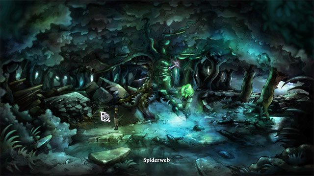 Zabierz stąd pajęczynę po lewej stronie od drzewa - Cztery portale - zaklęcia lisi spryt i iskra nadziei | Solucja - The Night of the Rabbit - poradnik do gry