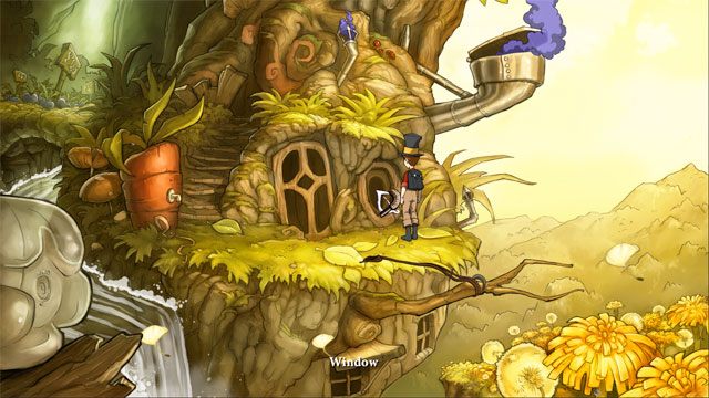 Następnie zepsuty hak na rozwidlonej gałęzi podnieś (ikonka koła zębatego) i skieruj do okna - Cztery portale - zaklęcia lisi spryt i iskra nadziei | Solucja - The Night of the Rabbit - poradnik do gry