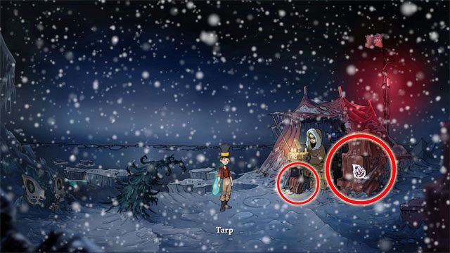 Tuż obok ciebie zdejmij plandekę i weź ze skrzyni z lampkami choinkowymi eksperymentalne lampki choinkowe - Cztery portale - zaklęcia lisi spryt i iskra nadziei | Solucja - The Night of the Rabbit - poradnik do gry