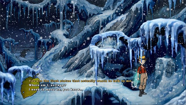 Na głowie posągu po prawej użyj czaru skałoszept - Cztery portale - zaklęcia lisi spryt i iskra nadziei | Solucja - The Night of the Rabbit - poradnik do gry