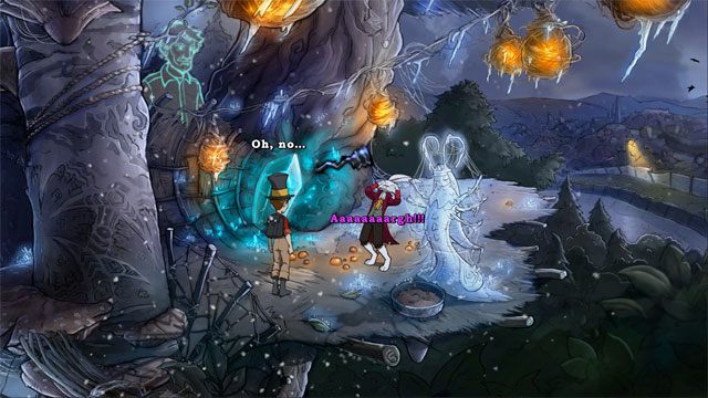 Po powrocie będziesz świadkiem ciekawej rozmowy - Cztery portale - zaklęcia lisi spryt i iskra nadziei | Solucja - The Night of the Rabbit - poradnik do gry