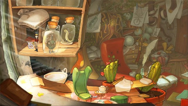 Na lewo od butelki, w której jest on uwięziony, znajduje się etui z którego weź duży monokl - Jaszczurki, butelki i piąty portal | Solucja The Night of the Rabbit - The Night of the Rabbit - poradnik do gry