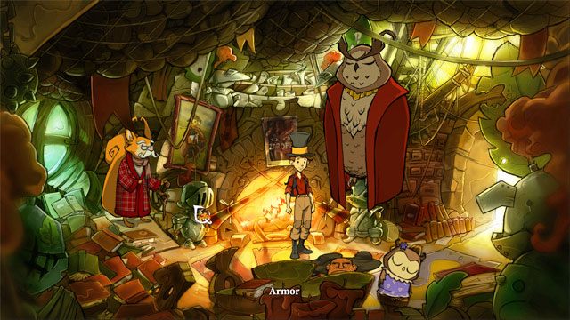 Na zbroi po lewej stronie, do której schowała się jaszczurka użyj proszku swędzenia - Jaszczurki, butelki i piąty portal | Solucja The Night of the Rabbit - The Night of the Rabbit - poradnik do gry