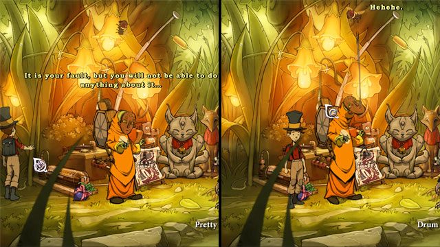 Po raz kolejny porozmawiaj z postacią niewzbudzającą zaufania i zapytaj go: Mnie też przepowiesz przyszłość - Jaszczurki, butelki i piąty portal | Solucja The Night of the Rabbit - The Night of the Rabbit - poradnik do gry