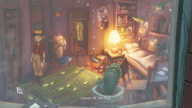 Po lewej stronie pokoju kliknij na rozsuwane drzwi - Jaszczurki, butelki i piąty portal | Solucja The Night of the Rabbit - The Night of the Rabbit - poradnik do gry