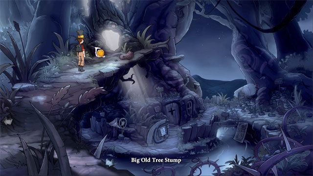Użyj po kolei czterech bursztynów na dziurze w wielkim starym pniaku - Jerzyk umieści je w odpowiednich miejscach - Jaszczurki, butelki i piąty portal | Solucja The Night of the Rabbit - The Night of the Rabbit - poradnik do gry