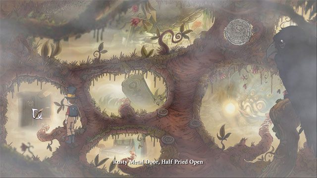 Kliknij na kamiennym kole a ponownie zmienisz dostępne światy, będą to: zardzewiałe uchylone metalowe drzwi, walizka, kamień z dziwnymi oznaczeniami, żabnica, sieci z żołędziami - Ostateczna rozgrywka | Solucja The Night of the Rabbit - The Night of the Rabbit - poradnik do gry