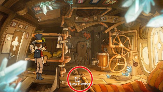 Będąc w chacie krasnoludów kliknij na desce w podłodze - wyjmiesz kartę spod znaku Oczu - nr 1 - Karty | Kolekcjoner | The Night of the Rabbit - The Night of the Rabbit - poradnik do gry