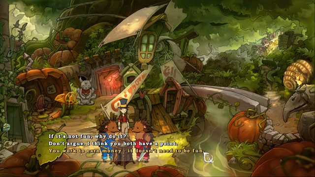 Po tym jak odzyskasz narzędzia braci Jeżowskich mieszkających na skraju miasta oraz zwodujesz liściołódź porozmawiaj z nimi i wybierz trzecią odpowiedź dotyczącą zarabiania pieniędzy - Karty | Kolekcjoner | The Night of the Rabbit - The Night of the Rabbit - poradnik do gry