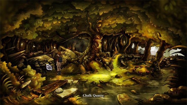 Przejdź przez drewnianą kładkę, a z lewej strony natrafisz na kopalnię kredy skąd zabierz kruchą kredę - Zwykły letni dzień | Solucja The Night of the Rabbit - The Night of the Rabbit - poradnik do gry