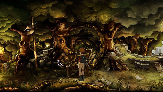 Zabierz ze skrzyni plakat, a następnie kliknij w miejscu skąd go wziąłeś, na rozdarciu - Zwykły letni dzień | Solucja The Night of the Rabbit - The Night of the Rabbit - poradnik do gry