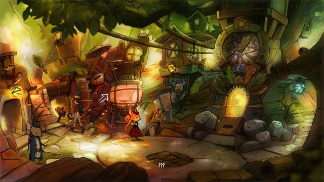 Skieruj się do kawiarni, do której drzwi znajdują się nieco w głębi po lewej stronie - Przygoda w Mysiborze | Solucja The Night of the Rabbit - The Night of the Rabbit - poradnik do gry