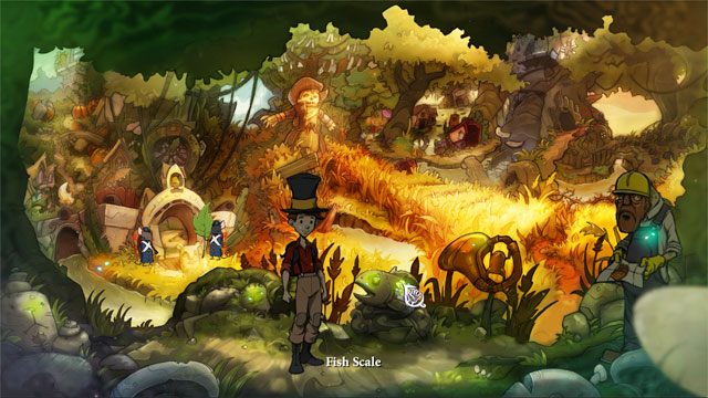 Użyj magicznej monety z otworem by spostrzec na rybie łuski - zabierz świecącą rybią łuskę - Przygoda w Mysiborze | Solucja The Night of the Rabbit - The Night of the Rabbit - poradnik do gry