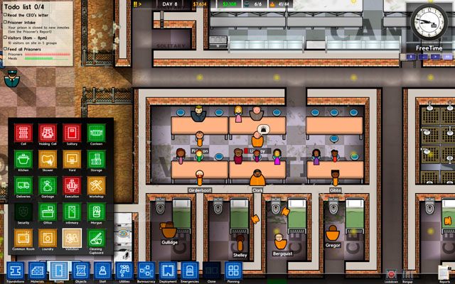 Jeden stół odwiedzin wystarcza na jedną grupę odwiedzających (czyli jednego więźnia) - Sala odwiedzin w Prison Architect | Pomieszczenia więzienne - Prison Architect - poradnik do gry