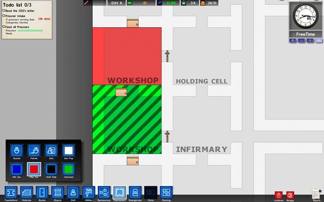 Kolorowe oznaczenia stref odpowiadają poziomowi ich zabezpieczenia - Rozlokowanie w Prison Architect | Struktura gry - Prison Architect - poradnik do gry