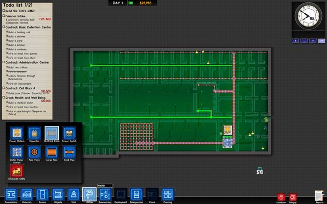 W tym momencie należy zadbać o to, aby stacja pomp została bezpośrednio podłączona do stacji energetycznej (trzeba je połączyć kablem) - Media w Prison Architect | Struktura gry - Prison Architect - poradnik do gry