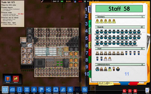 X - ikona Raportów [Reports], uruchamiająca okno z raportami - Raporty w Prison Architect | Interfejs - Prison Architect - poradnik do gry