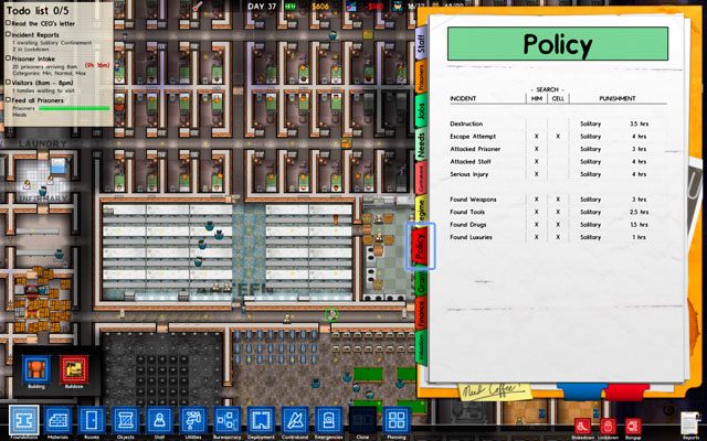 Po wynalezieniu polityki więzienia [Prison Policy] przez szefa straży [Chief] w oknie raportów pojawia się nowa zakładka, dotycząca polityki (screen powyżej) - Polityka więzienia i podkopy w Prison Architect | Struktura gry - Prison Architect - poradnik do gry