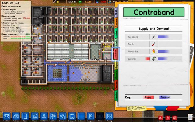 Jeśli Twój szef straży wynalazł kontrabandę w dziale biurokracji, to uzyskasz dostęp do nowej zakładki w oknie raportów (screen powyżej) - Kontrabanda w Prison Architect | Struktura gry - Prison Architect - poradnik do gry
