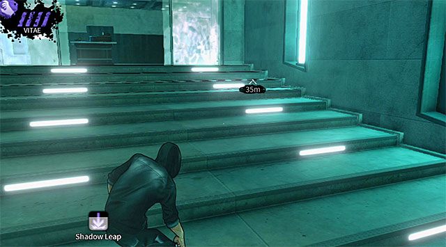 Zwróć się ponownie w stronę północnego budynku Cryogenic i skorzystaj z mocy Shadow Leap żeby przenieść się na pokazany na screenie 1 wyżej położony balkonik - Plac | Rozdział 5 - Cryogenic | DARK - DARK - poradnik do gry