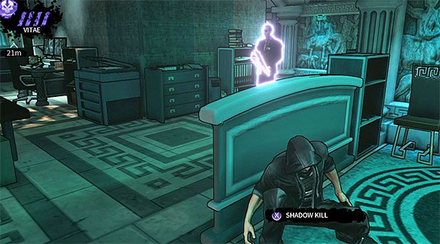 Szybko schowaj się za prawą zasłoną i zaczekaj aż przeciwnicy rozstawią się w ustalonych miejscach (nie próbuj przebiec przez pomieszczenie ochrony, bo nie zdążysz z dotarciem do wyjścia) - Pomieszczenie ochrony | Rozdział 3 - Atlantis | DARK - DARK - poradnik do gry