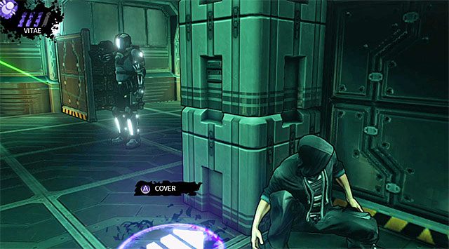 Przesuń się teraz w prawo i ustaw się w pokazanym na screenie 1 miejscu, dzięki czemu będziesz miał podgląd na dwóch pozostałych opancerzonych wrogów - Pomieszczenie ochrony | Rozdział 6 - M17 Base | DARK - DARK - poradnik do gry