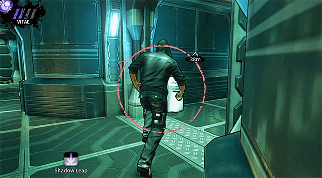 Jeśli nie masz nic przeciwko pozbyciu się wszystkich łowców wampirów to dla odmiany użyj teleportacji na prawych skrzyniach, a następnie szybko dotrzyj do pokazanego na powyższym screenie prawego pomieszczenia (ponowne użycie wampirzych mocy do pozostania w ukryciu nie powinno okazać się konieczne) - Cele | Rozdział 6 - M17 Base | DARK - DARK - poradnik do gry