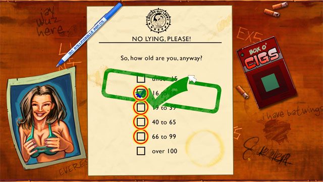 Przy wybraniu nowa gra musisz najpierw podać swój wiek - musisz wybrać odpowiedzi dla wieku od 16 do 99 lat - Początek | Solucja Leisure Suit Larry Reloaded - Leisure Suit Larry: Reloaded - poradnik do gry