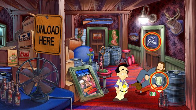 Otwórz ekwipunek, wybierz szklankę whiskey i użyj ją na leżącym po prawej pijaku - 1. Panienka | Solucja Leisure Suit Larry Reloaded - Leisure Suit Larry: Reloaded - poradnik do gry