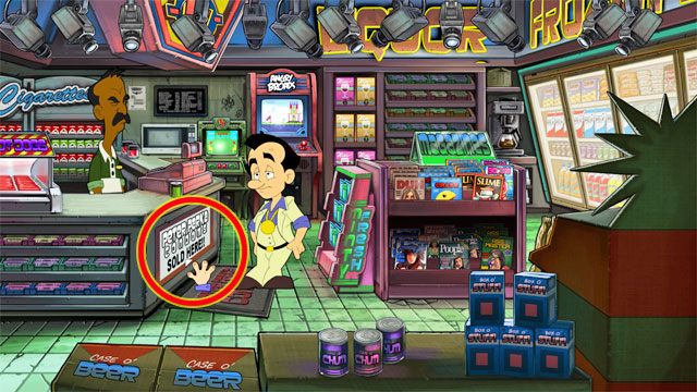 Aby zakupić gumki kliknij użyj na plakacie pod kasą - 1. Panienka | Solucja Leisure Suit Larry Reloaded - Leisure Suit Larry: Reloaded - poradnik do gry