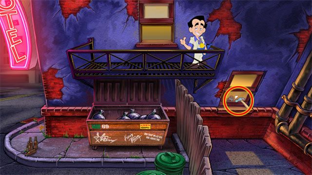 W końcu użyj zdobytego przed chwilą młotka na oknie budynku, tego po prawej zaznaczonego na obrazku - 3. Faith | Solucja Leisure Suit Larry Reloaded - Leisure Suit Larry: Reloaded - poradnik do gry