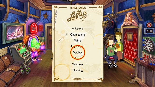 Wejdź do środka, użyj stołka przy barze by usiąść, porozmawiaj z barmanem i z listy wybierz wódkę - 4. Jasmine | Solucja Leisure Suit Larry Reloaded - Leisure Suit Larry: Reloaded - poradnik do gry