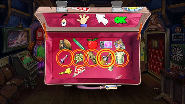 Otwórz ekwipunek i do pustej butelki po ostrym sosie dodaj: wódkę, ambrę, kwiat jaśminu oraz strzykawkę z wydzieliną kota - 4. Jasmine | Solucja Leisure Suit Larry Reloaded - Leisure Suit Larry: Reloaded - poradnik do gry