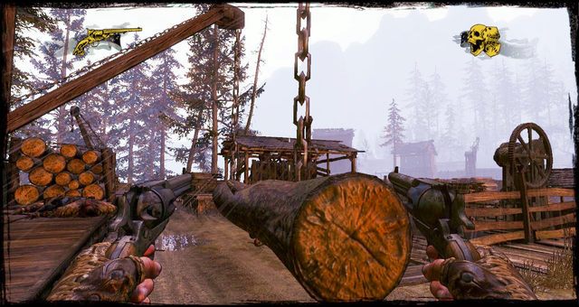 Pal zawieszony na łańcuchach. Szybko biec by nie oberwać. - 4 - Gunfight at the Sawmill | Solucja | Call of Juarez Gunslinger - Call of Juarez: Gunslinger - poradnik do gry