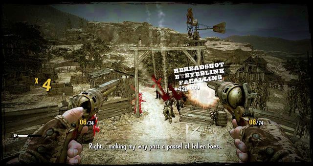 Podczas lotu wciskaj szybko lewy przycisk myszy, a twój rewolwerowiec samoistnie będzie nacelowywał przeciwników i zabijał ich - 1 - Once Upon a Time in Stinking Springs | Solucja | Call of Juarez Gunslinger - Call of Juarez: Gunslinger - poradnik do gry