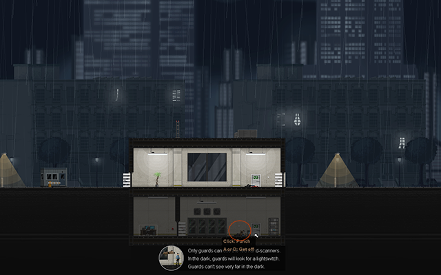 Trzymaj się ściany i poczekaj aż Normal Guard wyjdzie z zamkniętego pokoju - #2 - Rooke - Guarded | Opis przejścia | Gunpoint - Gunpoint - poradnik do gry