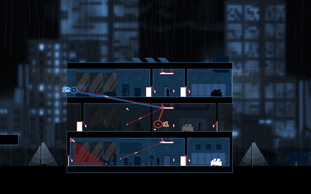 Teraz przejdź w Crosslink Mode i odłącz przełącznik światła na pierwszym piętrze (oznaczone numerem 1 na powyższym obrazku) oraz połącz przełącznik światła na drugim piętrze z lampą znajdującą się na pierwszym (oznaczone numerem 2 na powyższym obrazku) - #5 - Rooke - Three for All | Opis przejścia | Gunpoint - Gunpoint - poradnik do gry