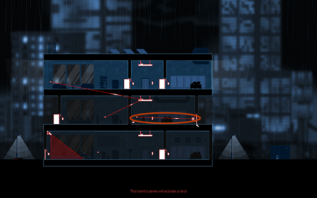 Połącz przełącznik po lewej stronie windy z zamkniętymi drzwiami (tak jak na obrazku), otwórz je wciskając przełącznik i udaj się do wyjścia - #5 - Rooke - Three for All | Opis przejścia | Gunpoint - Gunpoint - poradnik do gry
