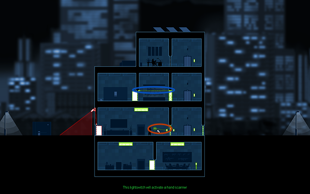 Po aktywacji wróć z powrotem na parter i w Crosslink Mode połącz przełącznik światła z panelem aktywującym drzwi (jak na powyższym obrazku) - #6 - Collins - innocent | Opis przejścia | Gunpoint - Gunpoint - poradnik do gry