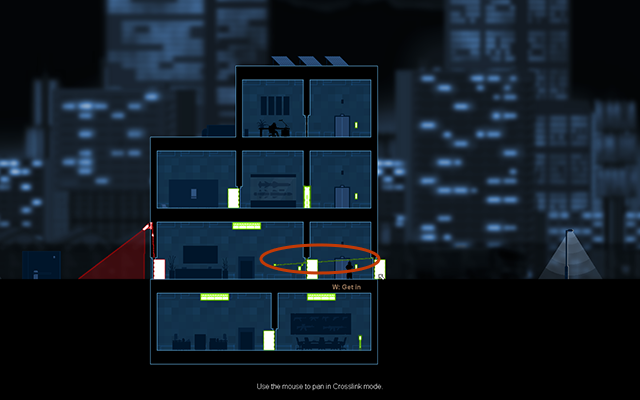 W Crosslink Mode połącz jedyny przełącznik światła na piętrze z drzwiami wyjściowi, następnie wciśnij go i wyjdź otwartymi drzwiami, a potem kieruj się do wyjścia - #6 - Collins - innocent | Opis przejścia | Gunpoint - Gunpoint - poradnik do gry